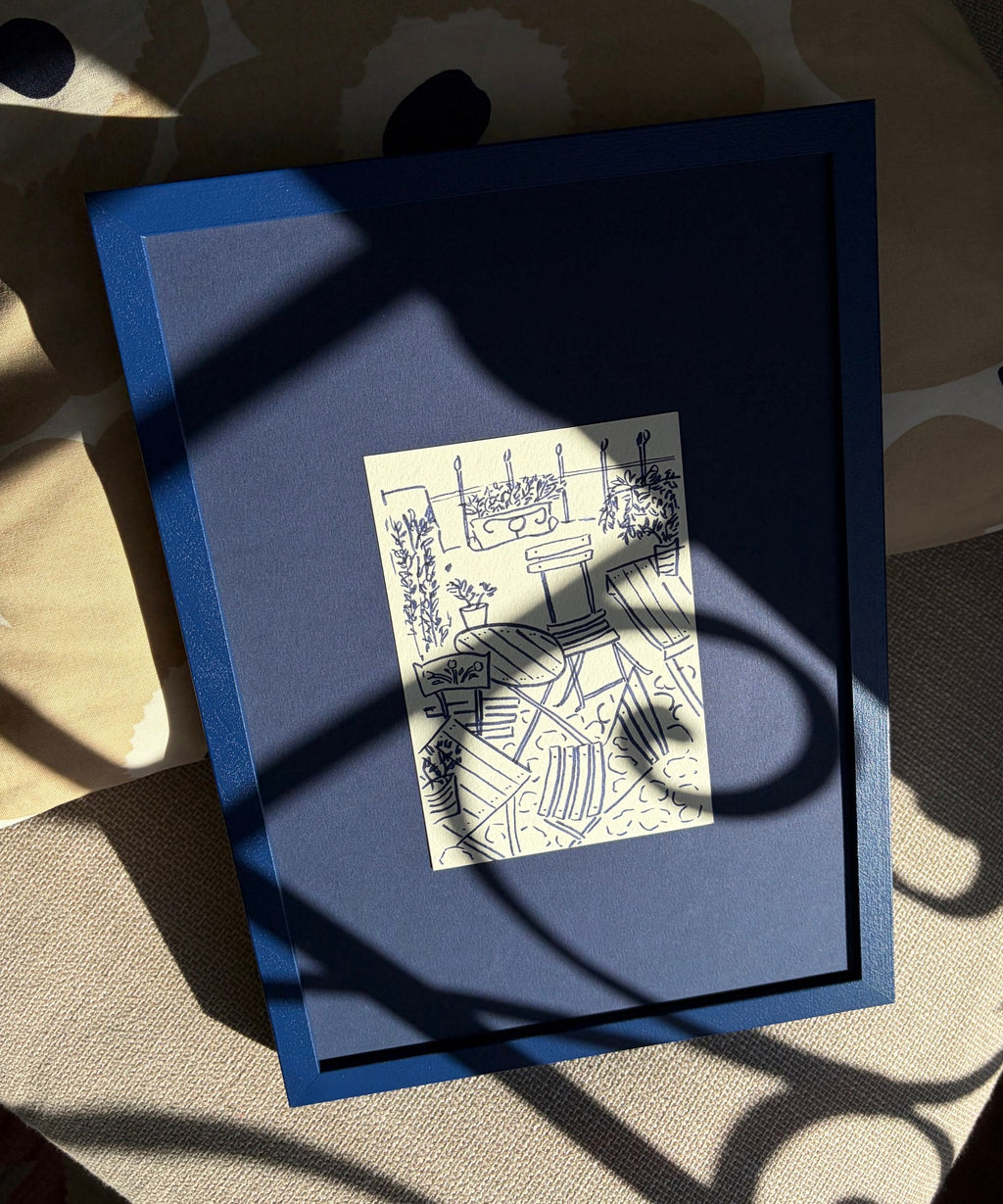 Original blue drawing on a sofa